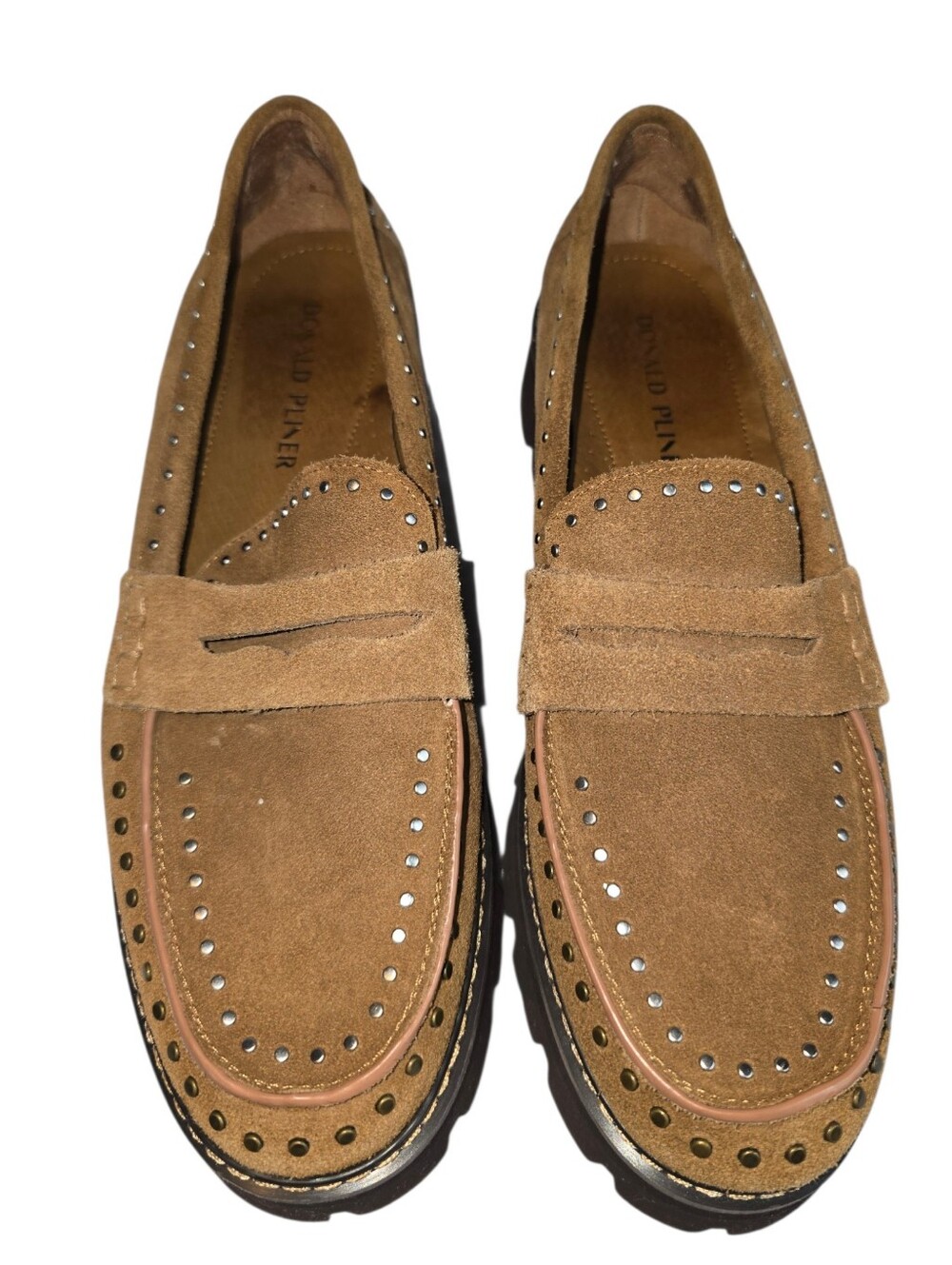 Donald Pliner Studded Suede Chunky Lug Sole Loafers Brown 9.5
